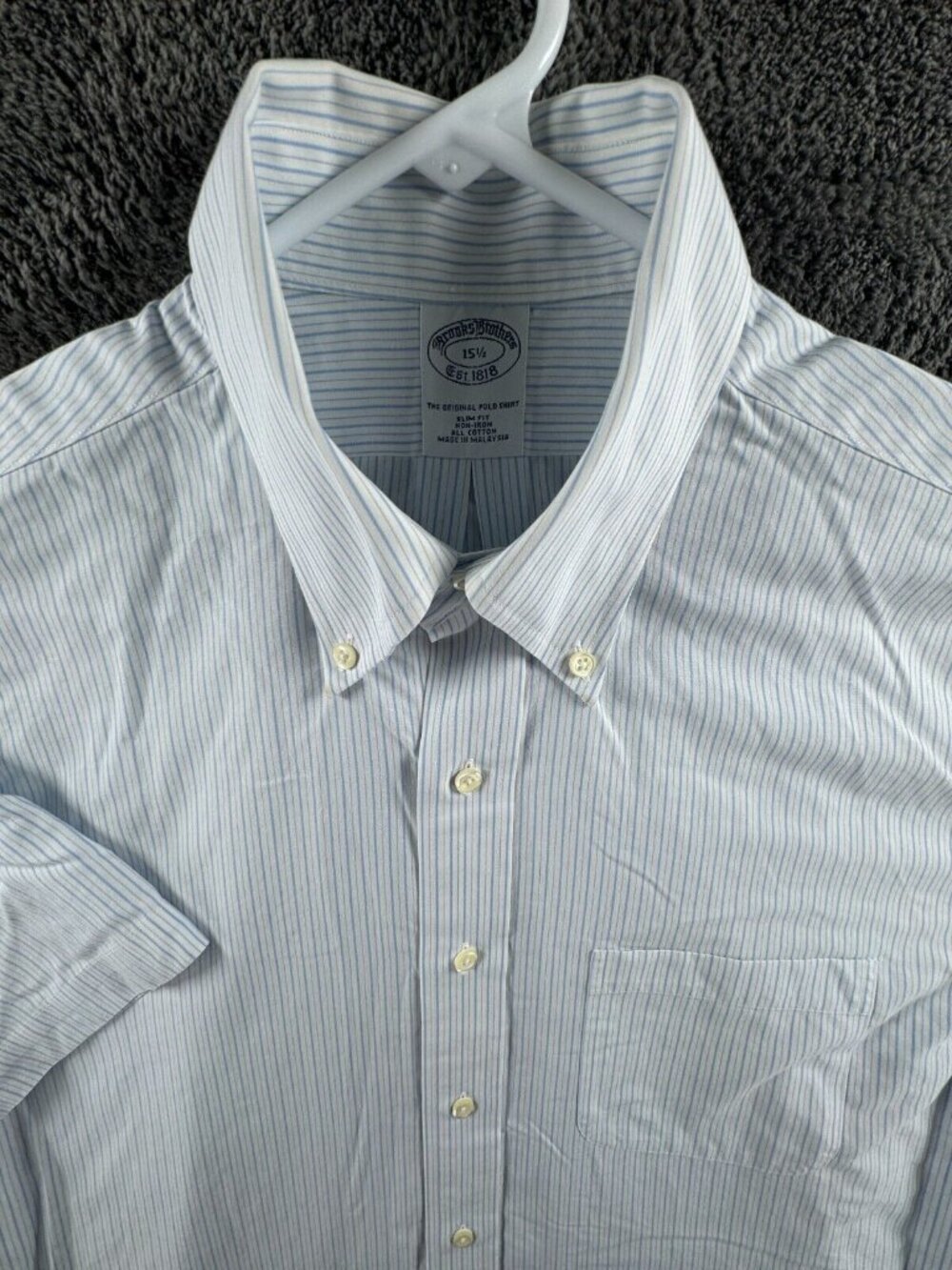 Brooks Brothers Short Sleeve Button Up Shirt Men Cotton Striped Blue 15.5 Slim